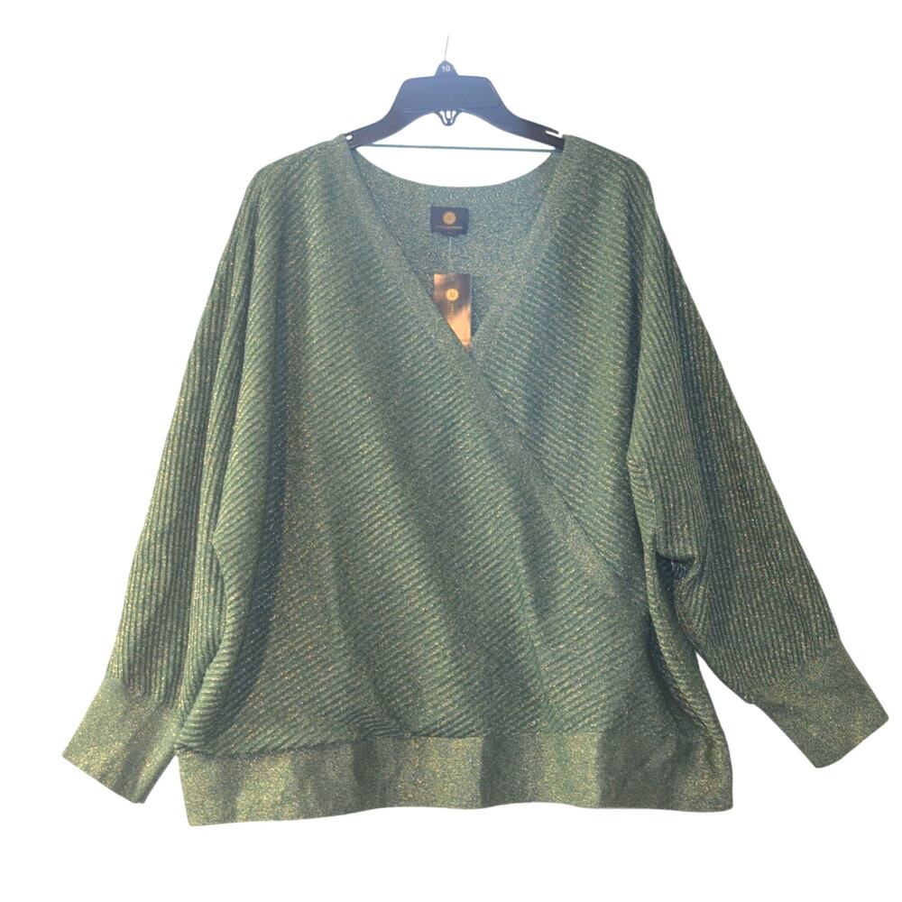 JM Collection Women's Plus Size Metallic Wrap Sweater in Pure Emerald Green